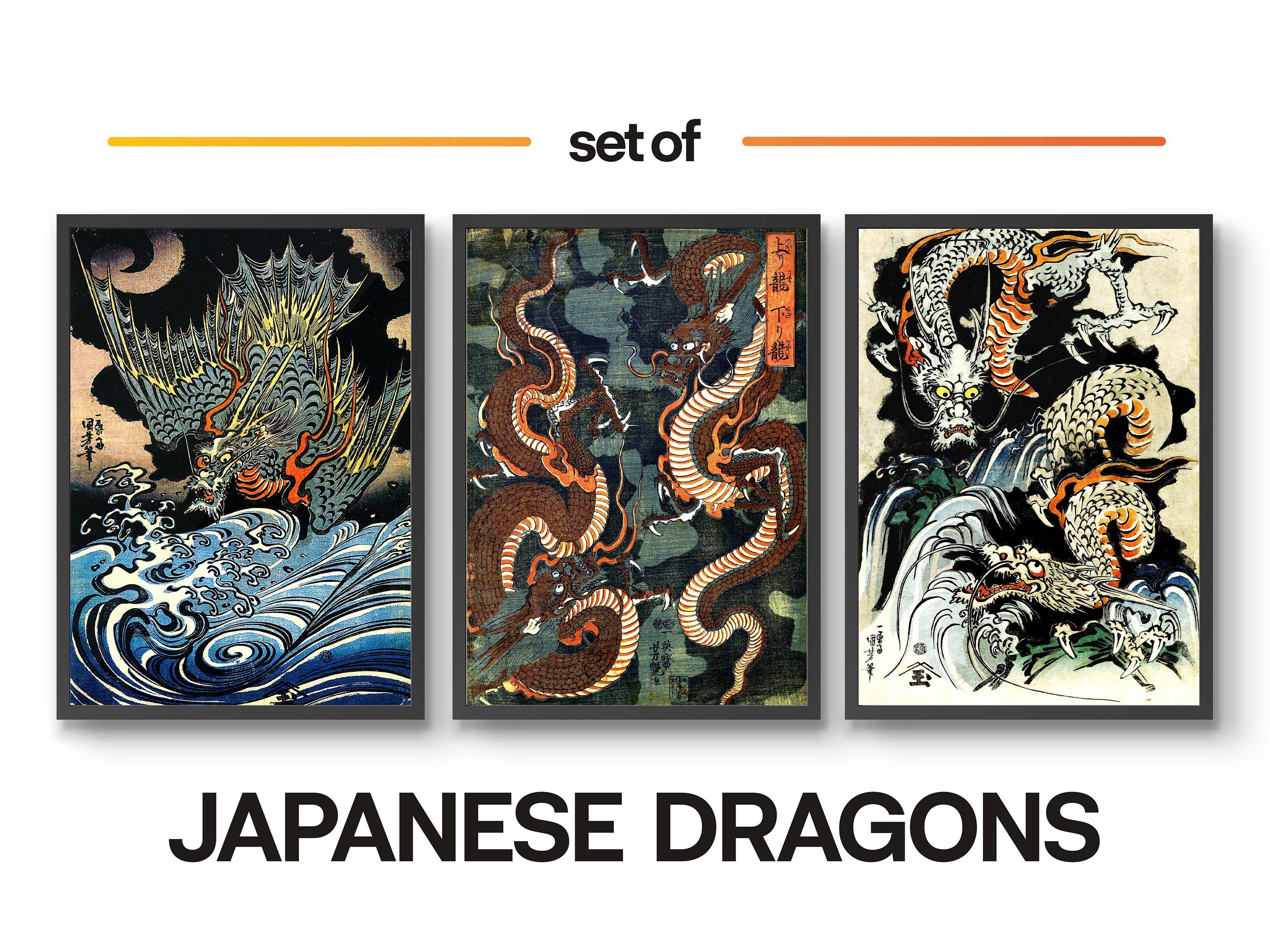 Japanese Dragons Set of 3 Prints Mythical Dragon Poster Wall
