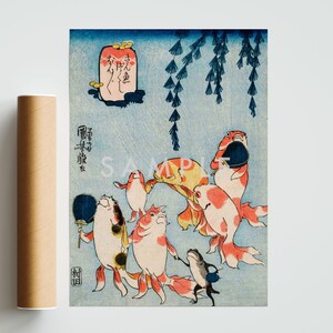Koifiskposter, japansk fisktryck, botanisk väggkonst, träblock med djurliv i heminredning inramad | A6 A5 A4 A3 A2 A1 - Presentidé bild 1