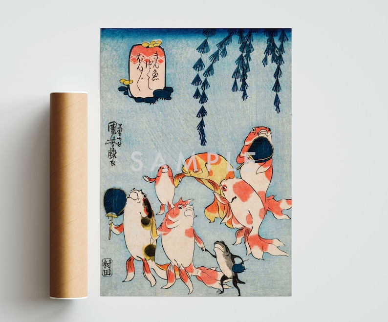 Koifiskposter, japansk fisktryck, botanisk väggkonst, träblock med djurliv i heminredning inramad | A6 A5 A4 A3 A2 A1 - Presentidé bild 1