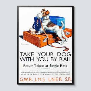 Take your dog with you london underground vintage print, cartoon illustration travel decor, uk railway wall art, perfect gift