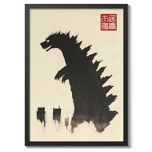 May include: Black ink illustration of Godzilla in a black frame. The artwork depicts the silhouette of the monster with a city skyline in the background. A red stamp is in the upper right corner.