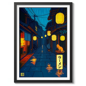 Op de afbeelding: Ingelijste kunstdruk met een regenachtige Japanse straatscène. Het kunstwerk toont een smalle steeg met gele lantaarns, winkels en een kat. Het woord "Ramen" staat in het Japans op een bord.