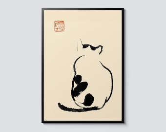 Japanese minimalist cat wall art, sumi-e style animal print, nature inspired home decor, perfect gift