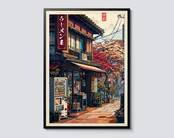 Pixel Ramen Shop, Anime Style Pixel Art Illustration, City Street Scene, Wall Art Decor, Poster Print, Perfect Gift for Foodies and Gamers
