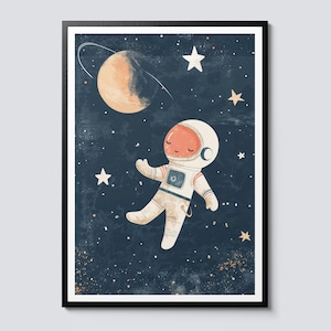 Astronaut Nursery Portrait, Cute Space Themed Wall Art, Moon and Stars Galaxies Planets Print, Kids Room Decor Poster