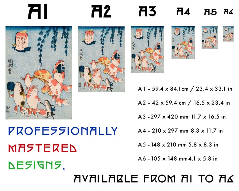 Koifiskposter, japansk fisktryck, botanisk väggkonst, träblock med djurliv i heminredning inramad | A6 A5 A4 A3 A2 A1 - Presentidé bild 3