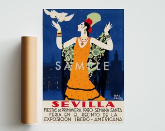 Seville Spain Travel Poster, Vintage Spanish Wall Art Print, Retro Europe Travel Home Decor, Gift Idea, Available Framed, A6 A5 A4 A3 A2 A1