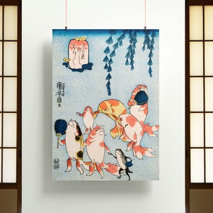 Koifiskposter, japansk fisktryck, botanisk väggkonst, träblock med djurliv i heminredning inramad | A6 A5 A4 A3 A2 A1 - Presentidé bild 5