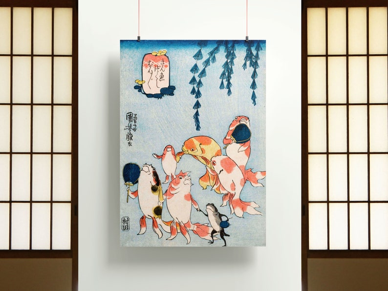 Koifiskposter, japansk fisktryck, botanisk väggkonst, träblock med djurliv i heminredning inramad | A6 A5 A4 A3 A2 A1 - Presentidé bild 5