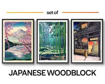 Japanese Woodblock Set of 3 Prints, Japanese Cherry Blossom Poster, Wall Art Japan Ukiyo-e Oriental Home Decor, A6 A5 A4 A3 A2 A1, Gift idea