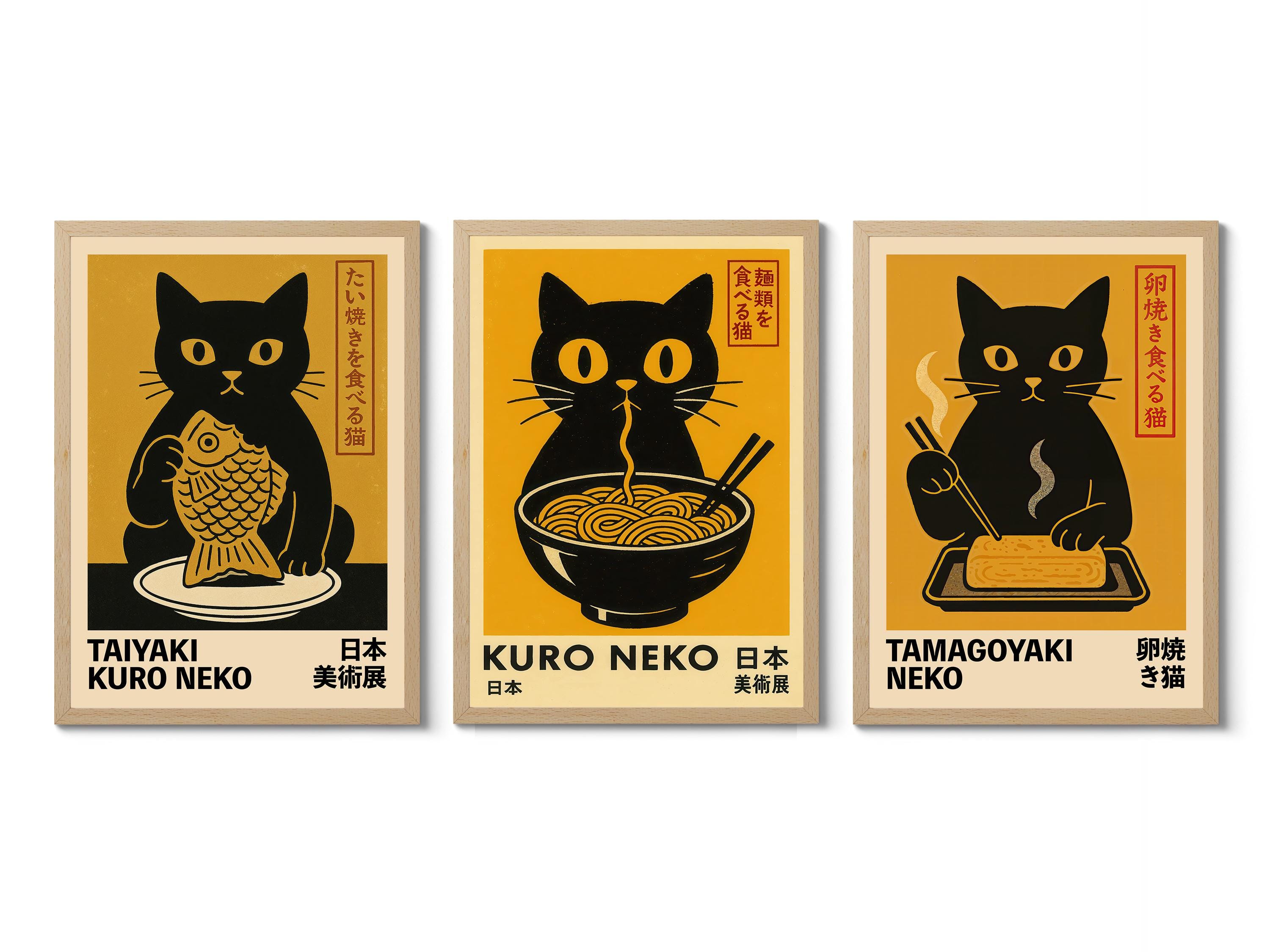Kuro Neko Cats Trio Anime Print, Cat Themed Wall Art Poster
