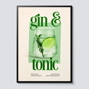 Gin & tonic cocktail photographic print, retro graphic style, green wall art decor, ideal gift for drink enthusiasts