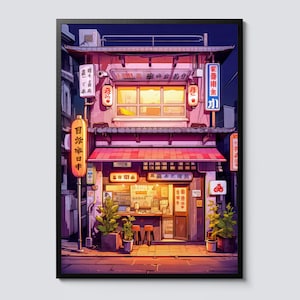 Pink ramen shop modern cartoon illustration, street food themed wall art print, japan city decor, perfect gift idea