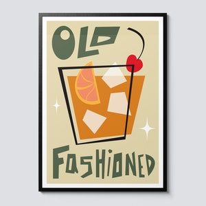 Old fashioned cocktail graphic print, modern illustration wall art, drink theme decor, perfect gift for home bar
