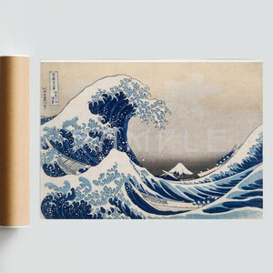 May include: A woodblock print of a large wave crashing over three boats with Mount Fuji in the background. The wave is blue and white with splashes of foam. The sky is a light blue with a hint of pink. The print is titled "神奈川沖浪裏" in Japanese.