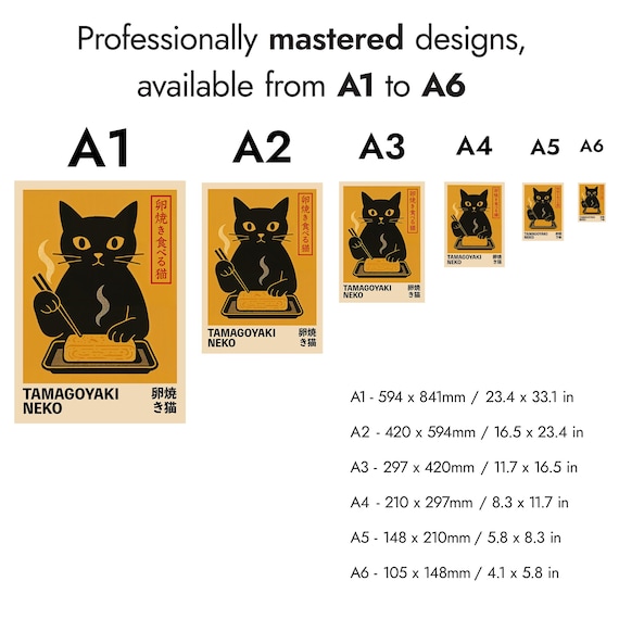 Kuro Neko Cats Trio Anime Print, Cat Themed Wall Art Poster