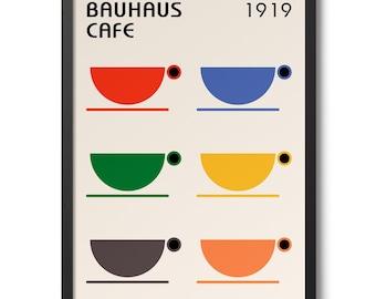 May include: A framed print with the text "Bauhaus Cafe 1919" and a design of six colorful half-circle cups with black dots.