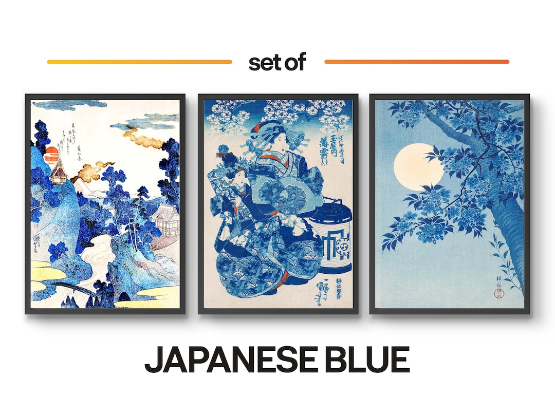 Blue Japanese Woodblock Set of 3 Prints, Japanese Geisha Poster Wall ...