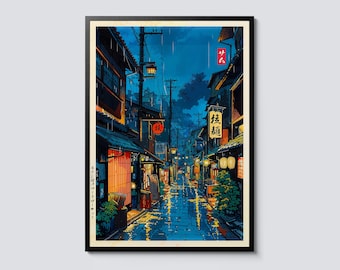 Tokyo Tea House Cartoon Japanese Illustration, Anime Style City Street Cafe Scene Wall Art Print, Modern Ukiyo-e Decor Poster