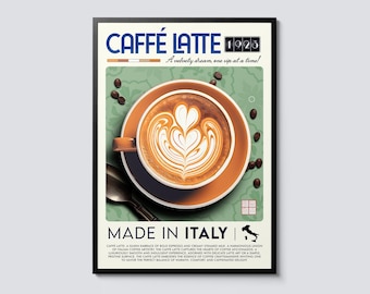 Vintage latte art print, italian coffee wall decor, photographic portrait for kitchen, perfect gift for espresso lovers