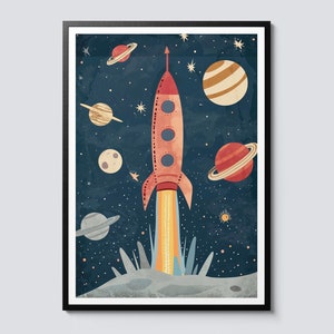 Könnte beinhalten: Eine rote und orangefarbene Rakete mit einer blauen Flamme startet in einen dunkelblauen Weltraum mit Sternen und Planeten. Die Planeten sind gelb, braun und rot mit Ringen.