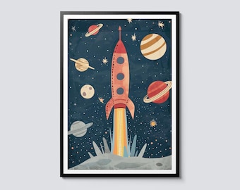 Space Rocket Illustration Print, Nursery Wall Art, Cute Space Themed Poster, Kids Room Decor, Galaxy and Stars Artwork
