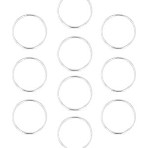May include: Ten silver jump rings, each with a circular shape. The rings are all the same size and are arranged in three rows.