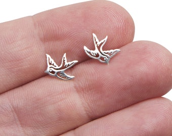 Swallow Bird Stud Earrings in Sterling Silver Flying Bird Earrings, Nature Inspired Animal Earrings