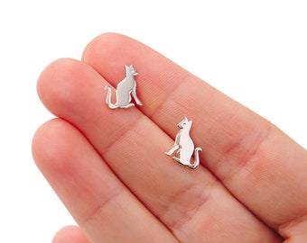 Boucles d'oreilles chat en argent sterling, clous d'oreilles chat en argent sterling, jolis bijoux minimaux délicats, boucles d'oreilles chat