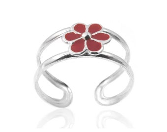 Solid Silver Red Daisy Adjustable Toe Ring