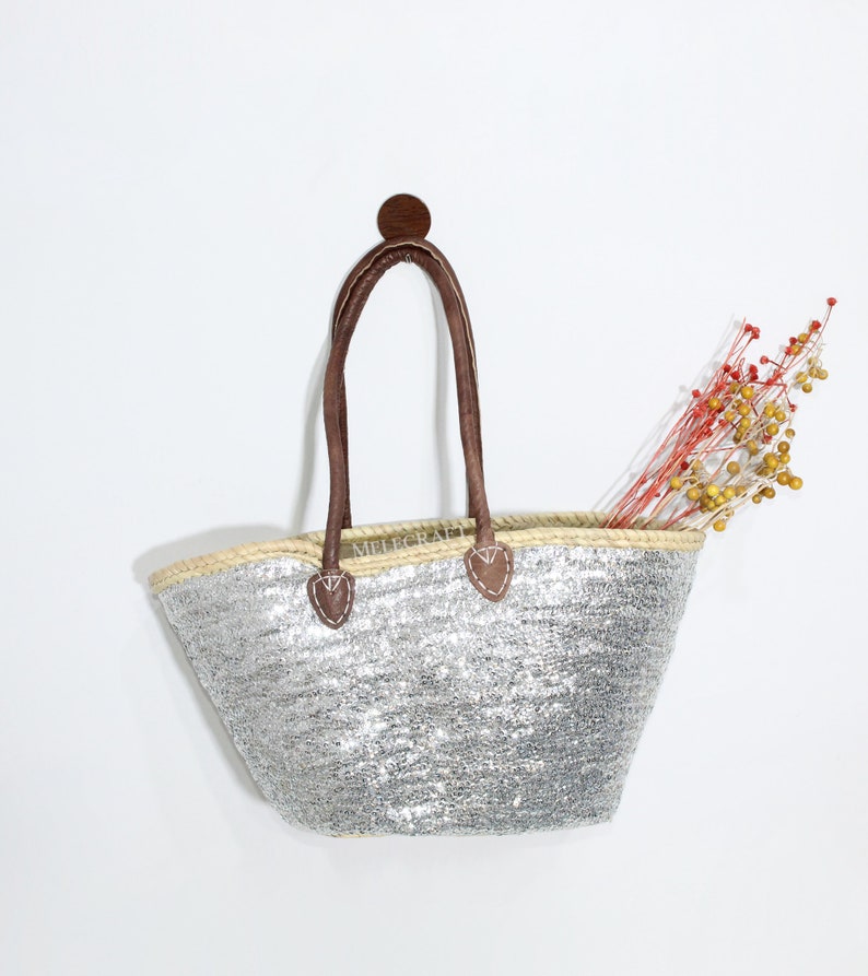 Sequin Straw Bag Sequin Beach Bag Straw Tote Bag Silver - Etsy