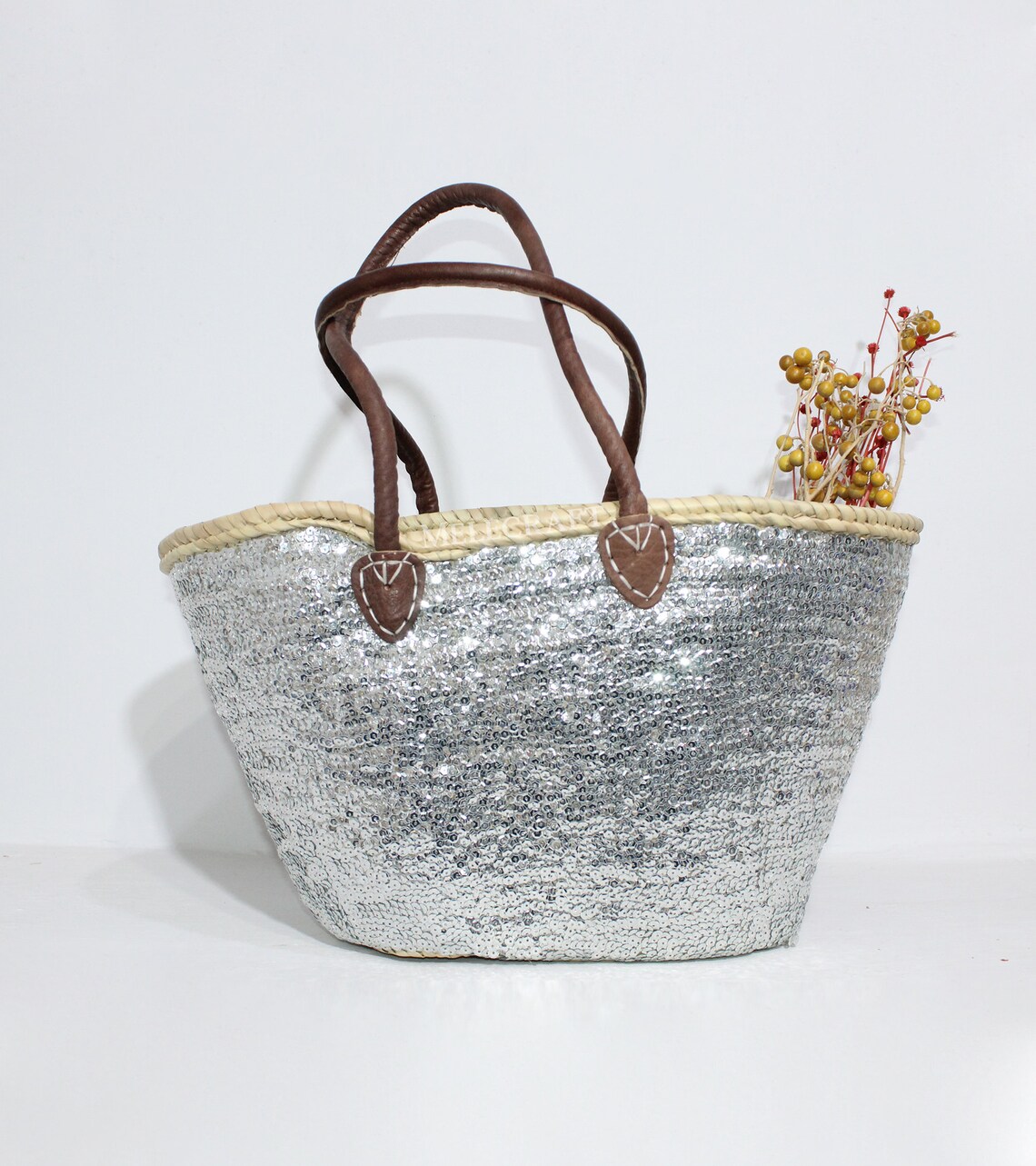 Sequin Straw Bag Sequin Beach Bag Straw Tote Bag Silver Etsy