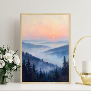 Misty Mountain Sunrise | Serene Forest Landscape Wall Art