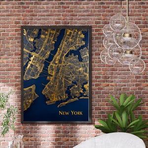 Gold und Indigo New York City Karte Druck | Moderne urbane Wandkunst