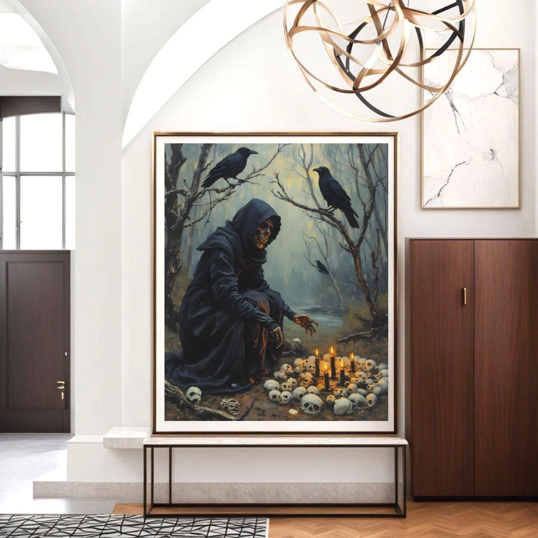 Skeleton Ritual With Ravens | Dark Gothic Halloween Wall Art - Etsy