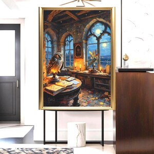 May include: A framed painting of a room with an owl on a table, books, candles, and a telescope. The room has arched windows with a view of the night sky. The painting is displayed on a black metal stand.