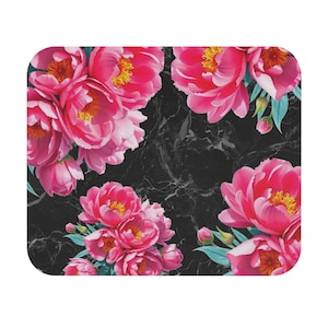 Pink Peonies on Black Marble Mouse Pad | Floral Desk Mat