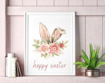 Happy Easter Digital Art Printable Instant Download, Easter Wall Art Print, Watercolor Easter Art, Floral Easter Art, Easter Bunny Ear Print