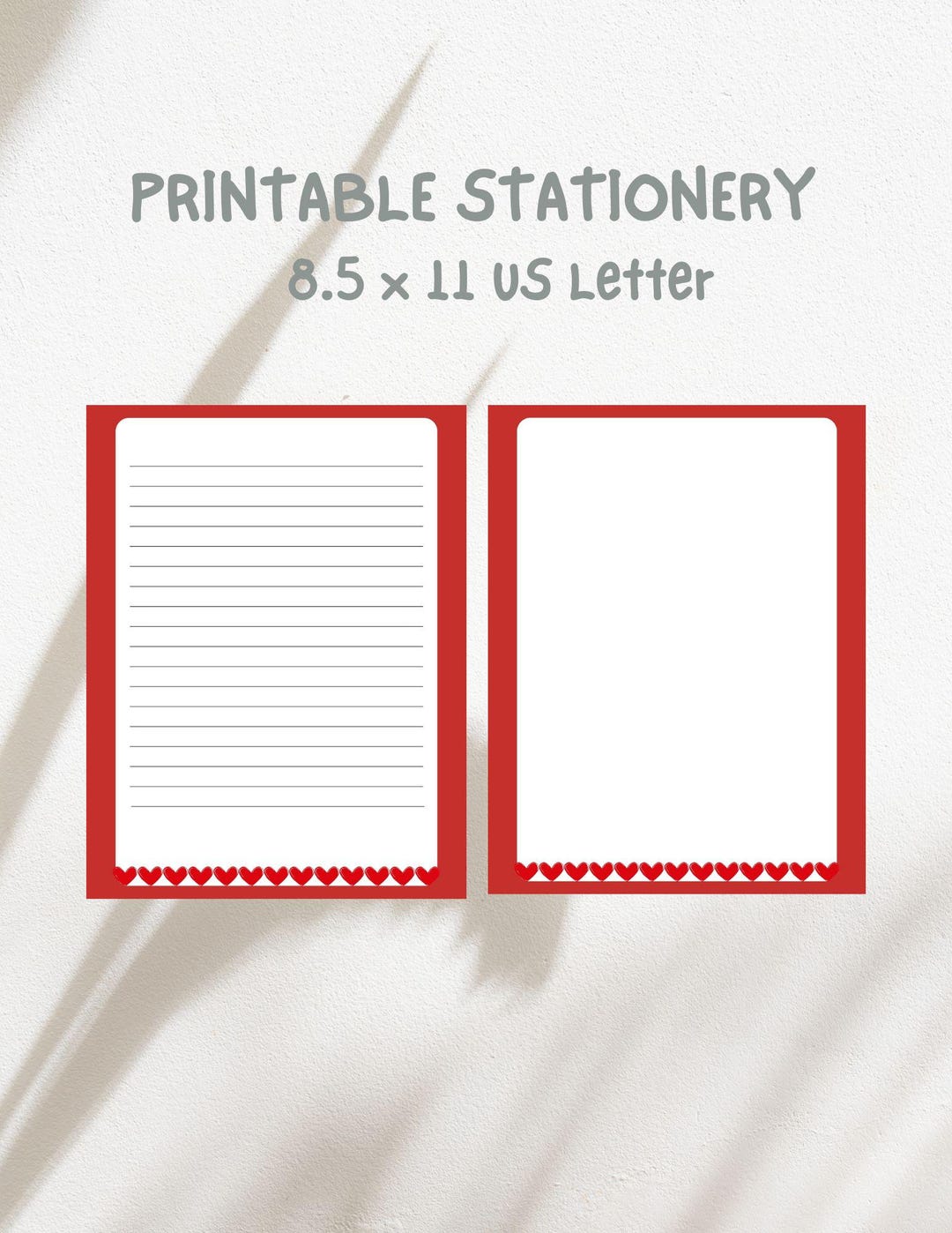 Heart Printable Stationery Set, Letter Writing Set, Lined and Unlined ...