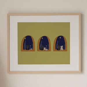 Sweet Night Art Print with a couple cat sitting on the window, kawaii decoration living room, bedroom, cute wall hangings