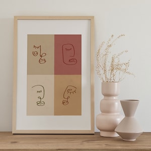 Line Art Face Print, Continuous Abstract Print, Boho Modern Art, Neutral, Room decoration, Bohemian Terracotta Wall Decor Art