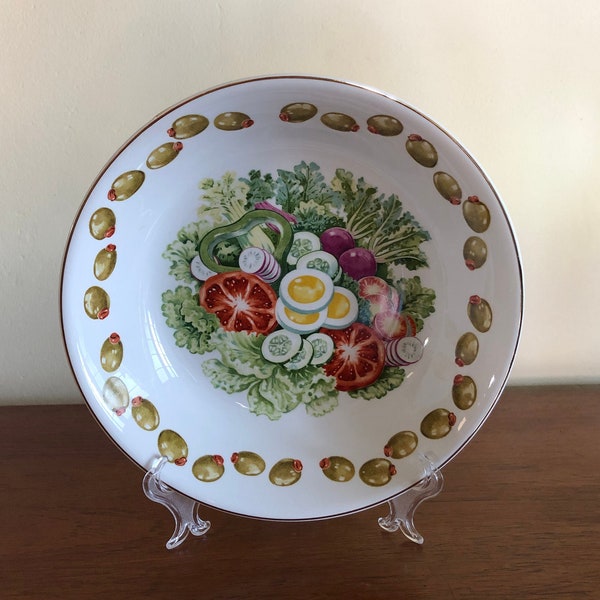 Kitsch Large Salad Bowl by Ide Brothers Ideal Ironstone with Colourful Veggies and Gilt Trim, Made in Japan 1970s