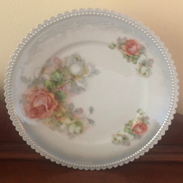 Antique Porcelain Plates by P. K. Silesia, Lustreware Beaded Dessert Dishes with Pink and White Roses, Domed Tent Mark- 1914- 1920's