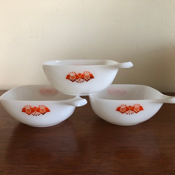 Vintage Pyrex Ramekins With Folk Art Orange Hearts, Opal Glass Ovenware, Set of Three, Handled and Stackable