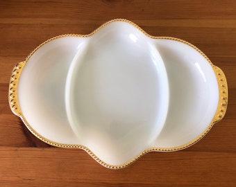 Vintage Anchor Hocking FireKing White Milk Glass Candy and Nut Dish, Gold Trim With Small Buttons, Circa 1950s