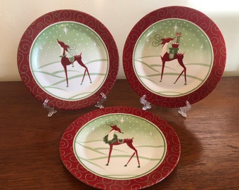 Santa's Reindeer Serving Plates, Set of Three in Red and Green Christmas Motif, Luncheon or Side Salad Sized