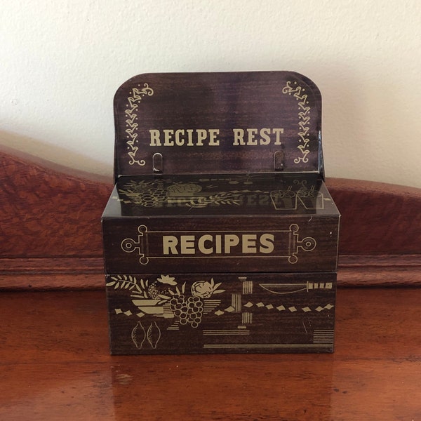 Vintage Recipe Card Collection Box With 'Recipe Rest', Rectangular Tin Metal, Brown with Gold Mid Century Modern Artwork, Made in Japan