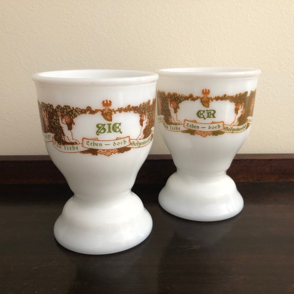 Vintage German White Milk Glass Drink Goblets Featuring Johann Wolfgang von Goethe Poem, He and She Cups for Wedding or Anniversary, 1970s