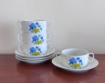 Vintage Thomas Rosenthal Spring Soup Bowls and Underplates: German Porcelain Blue Floral Set