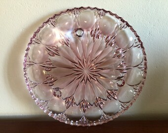 Vintage Pink Glass Cake Plate with Starburst Centre, Footed with Scalloped Edging, Afternoon Tea Serving Platter, Cupcakes and Sweet Treats